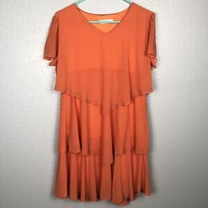 SHSHDHZX Size Large Orange Tiered Embellished Silver Accent Flutter Sleeve Dress